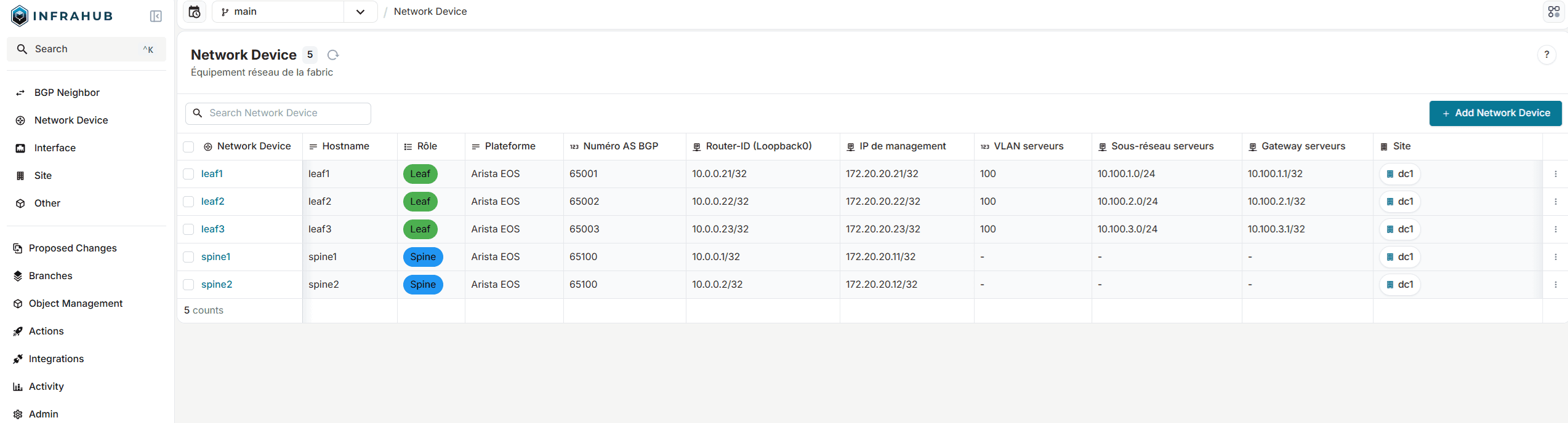 Infrahub - 5 devices dans main