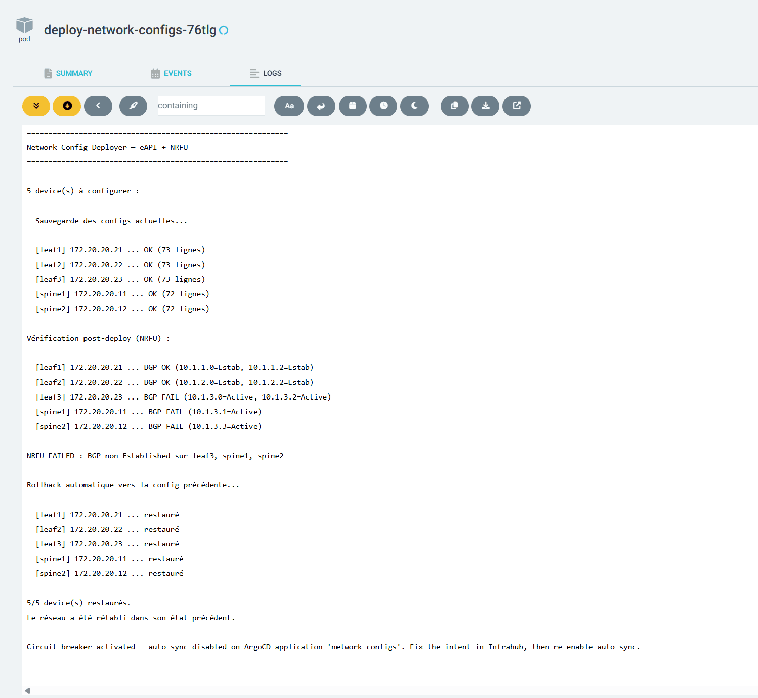 Logs : NRFU FAIL, rollback automatique, circuit breaker